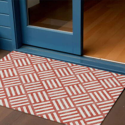 3' X 5' Red And Ivory Geometric Washable Indoor Outdoor Area Rug