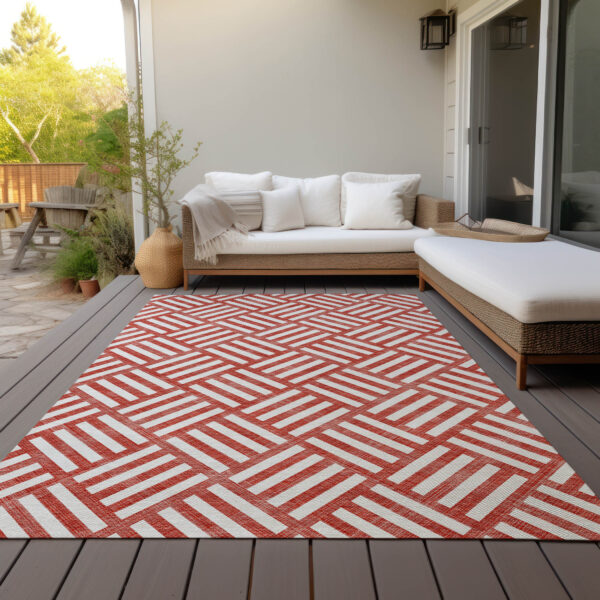 3' X 5' Red And Ivory Geometric Washable Indoor Outdoor Area Rug