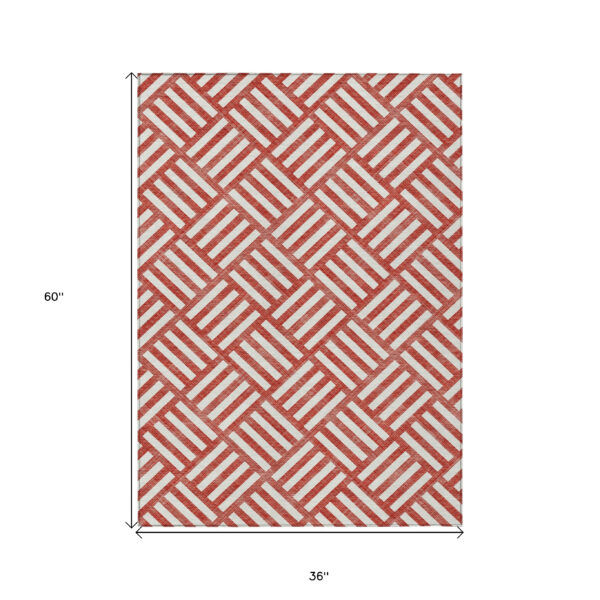 3' X 5' Red And Ivory Geometric Washable Indoor Outdoor Area Rug