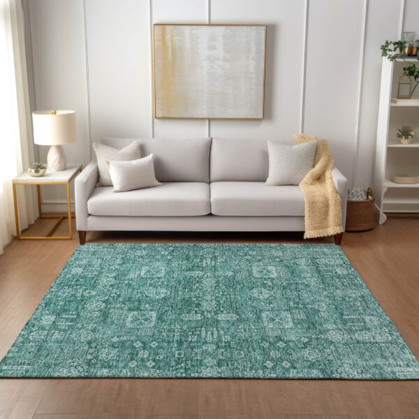 8' X 10' Dark Green And Aqua Oriental Washable Indoor Outdoor Area Rug