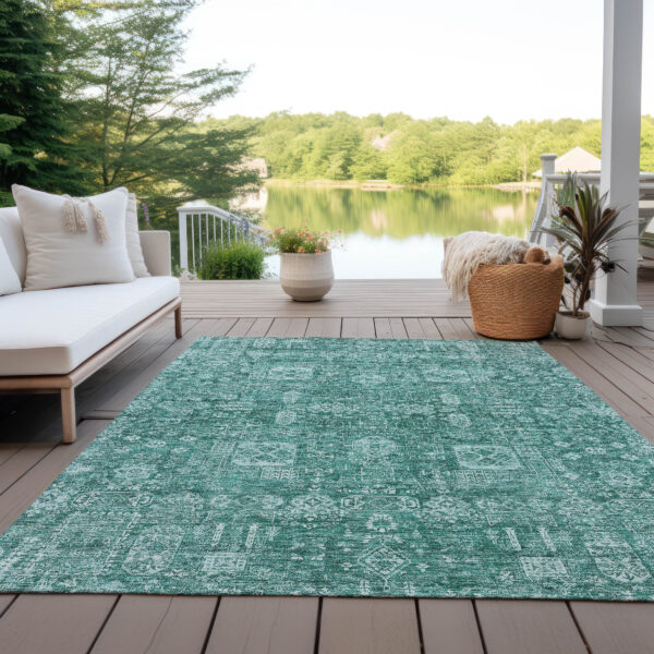 8' X 10' Dark Green And Aqua Oriental Washable Indoor Outdoor Area Rug