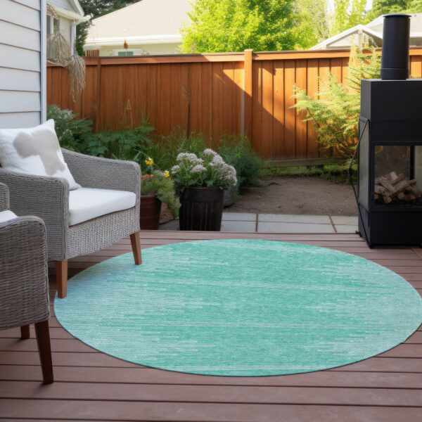 8' Aquamarine And Ivory Round Abstract Washable Indoor Outdoor Area Rug