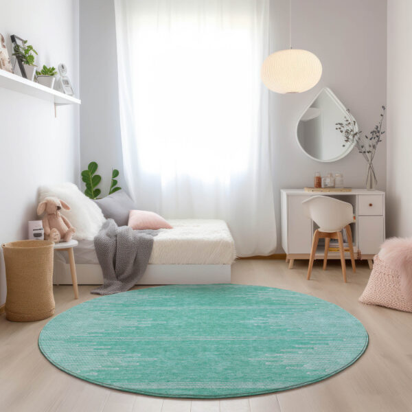 8' Aquamarine And Ivory Round Abstract Washable Indoor Outdoor Area Rug