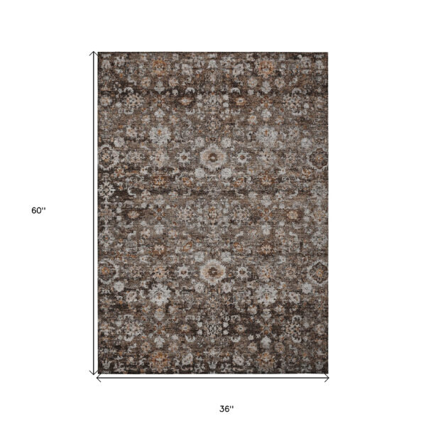 3' X 5' Dark Brown Brown And Taupe Oriental Washable Indoor Outdoor Area Rug