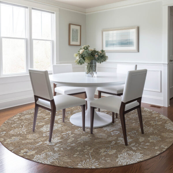 8' Copper And Beige Round Floral Washable Indoor Outdoor Area Rug