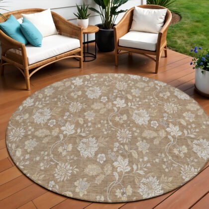 8' Copper And Beige Round Floral Washable Indoor Outdoor Area Rug