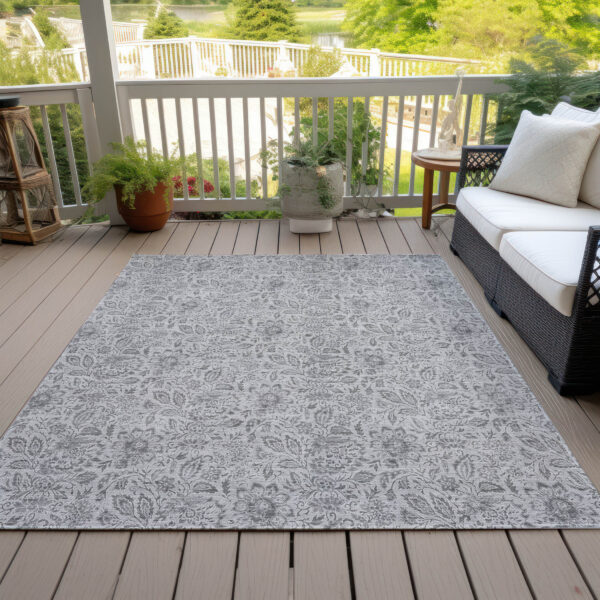 3' X 5' Silver Gray And Charcoal Floral Washable Indoor Outdoor Area Rug