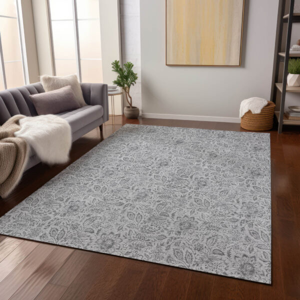 3' X 5' Silver Gray And Charcoal Floral Washable Indoor Outdoor Area Rug