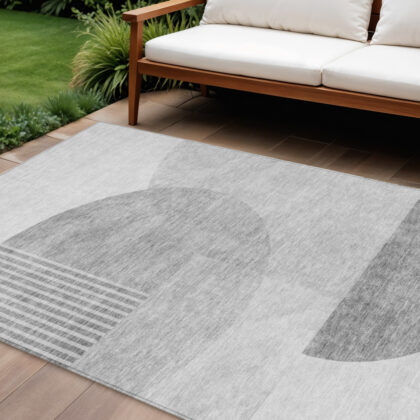9' X 12' Gray Silver And Ivory Geometric Washable Indoor Outdoor Area Rug