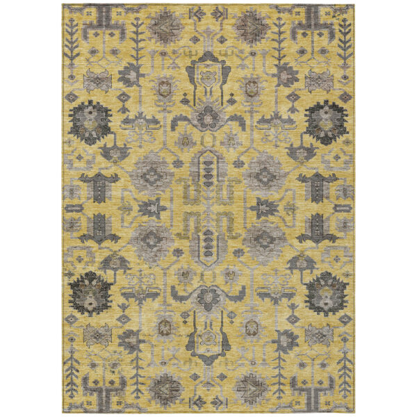 10' X 14' Yellow Gray And Charcoal Oriental Washable Indoor Outdoor Area Rug