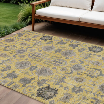 10' X 14' Yellow Gray And Charcoal Oriental Washable Indoor Outdoor Area Rug