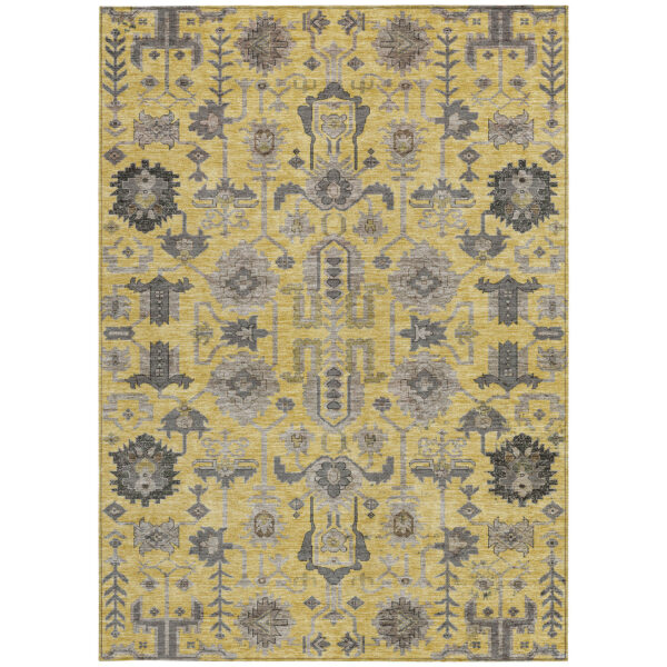 10' X 14' Yellow Gray And Charcoal Oriental Washable Indoor Outdoor Area Rug