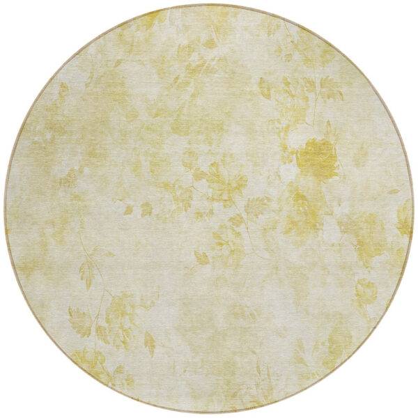 8' Gold Wheat And Ivory Round Floral Washable Indoor Outdoor Area Rug
