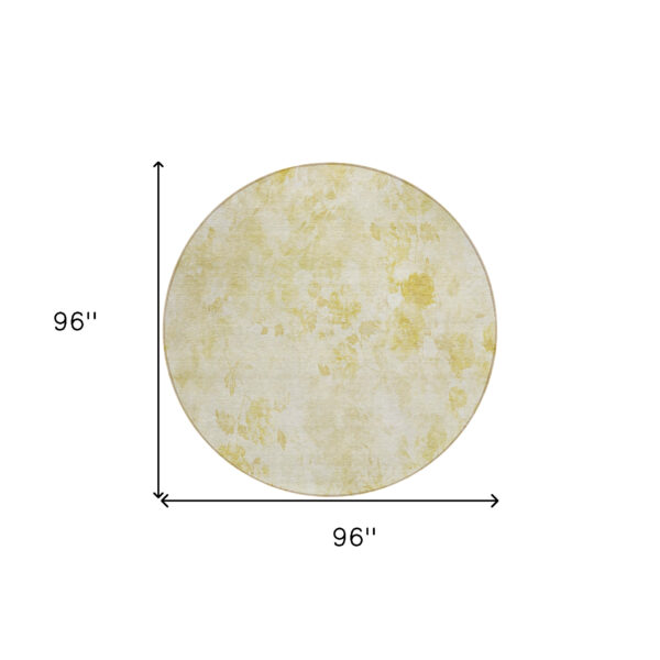 8' Gold Wheat And Ivory Round Floral Washable Indoor Outdoor Area Rug