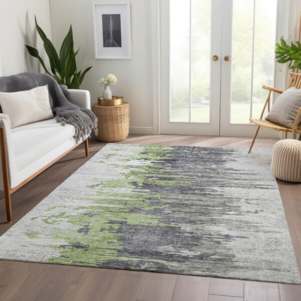 3' X 5' Green And Silver Abstract Washable Indoor Outdoor Area Rug