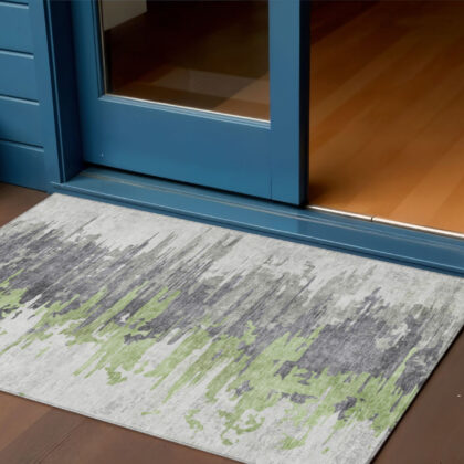 3' X 5' Green And Silver Abstract Washable Indoor Outdoor Area Rug