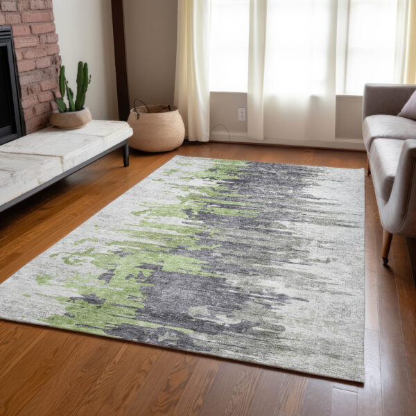 3' X 5' Green And Silver Abstract Washable Indoor Outdoor Area Rug