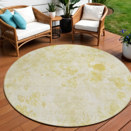 8' Gold Wheat And Ivory Round Floral Washable Indoor Outdoor Area Rug