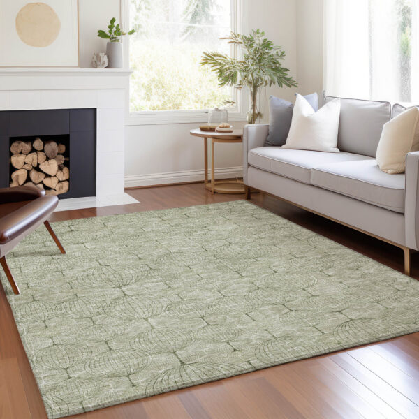 3' X 5' Artichoke Green And Ivory Geometric Washable Indoor Outdoor Area Rug