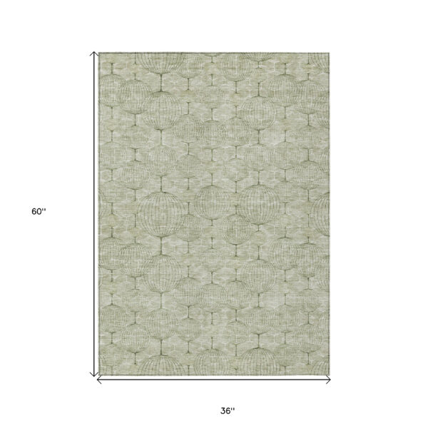 3' X 5' Artichoke Green And Ivory Geometric Washable Indoor Outdoor Area Rug