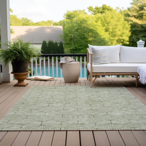 3' X 5' Artichoke Green And Ivory Geometric Washable Indoor Outdoor Area Rug