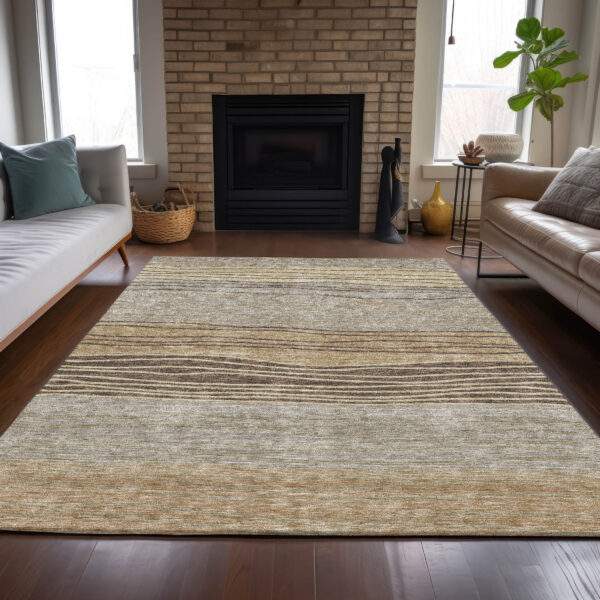 10' X 14' Taupe Brown And Beige Striped Washable Indoor Outdoor Area Rug