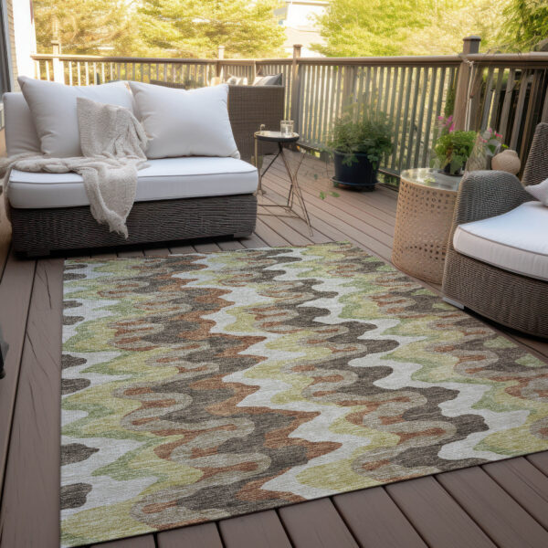 8' X 10' Chocolate Copper And Artichoke Green Abstract Washable Indoor Outdoor Area Rug