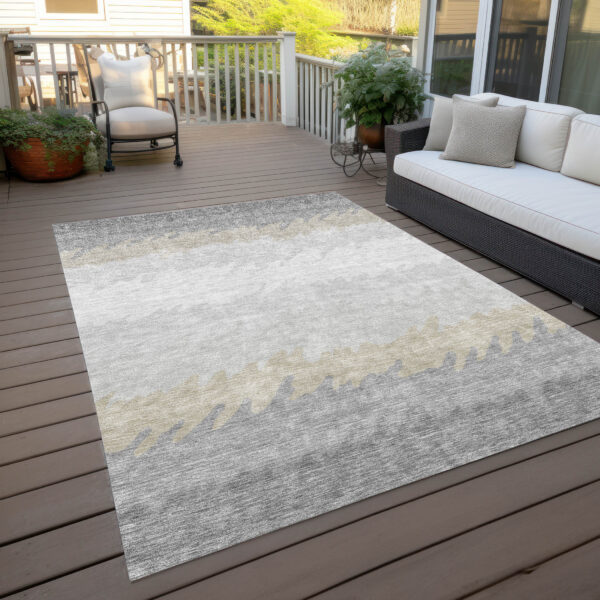 9' X 12' Silver Gray And Beige Striped Washable Indoor Outdoor Area Rug