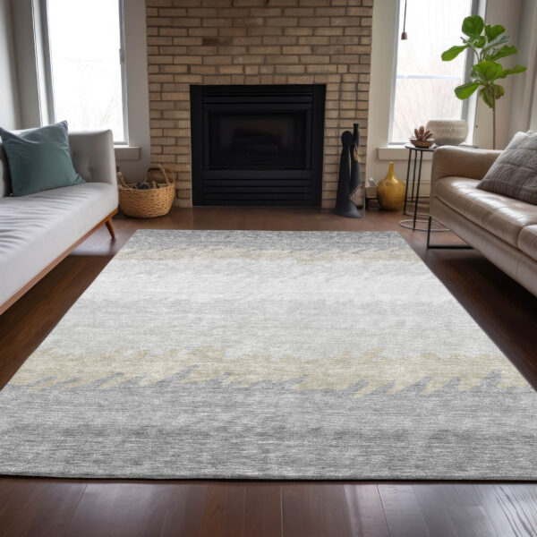 9' X 12' Silver Gray And Beige Striped Washable Indoor Outdoor Area Rug