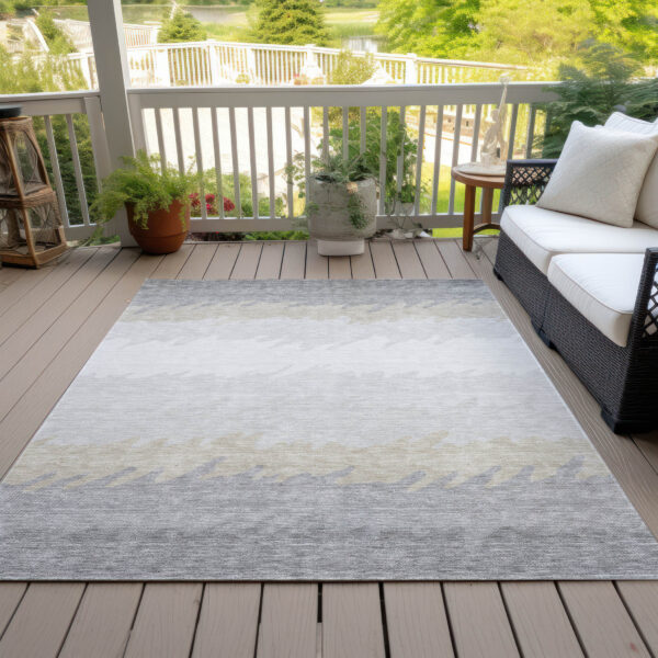 9' X 12' Silver Gray And Beige Striped Washable Indoor Outdoor Area Rug