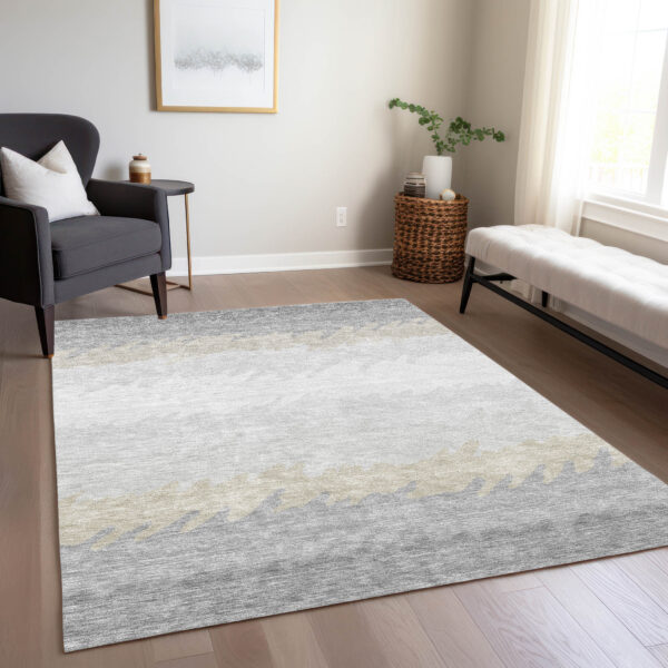 9' X 12' Silver Gray And Beige Striped Washable Indoor Outdoor Area Rug