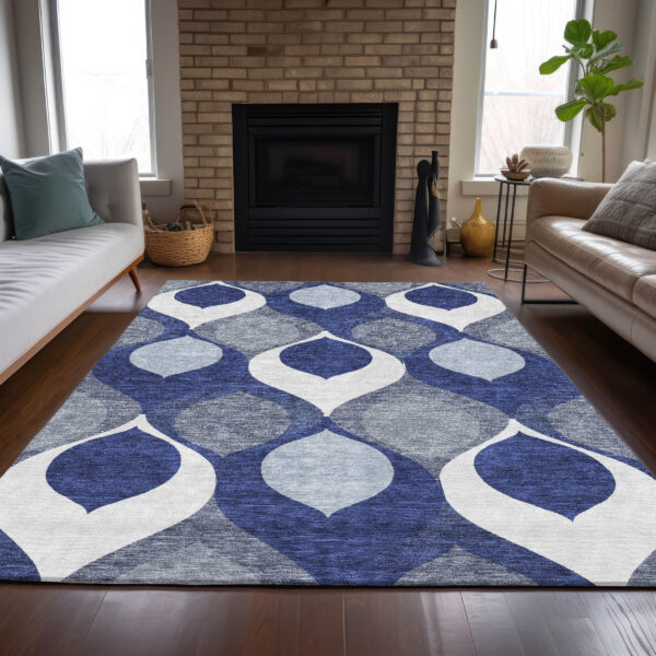 8' X 10' Navy Blue And Denim Blue Ogee Washable Indoor Outdoor Area Rug