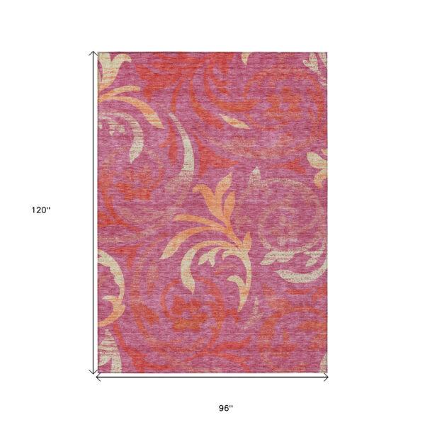 8' X 10' Blush Orange And Ivory Floral Washable Indoor Outdoor Area Rug
