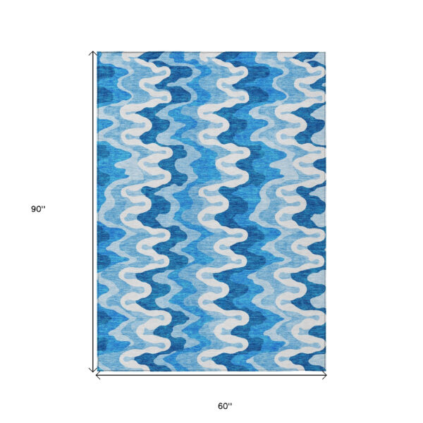 5' X 8' Sky Blue Denim Blue And Ivory Abstract Washable Indoor Outdoor Area Rug