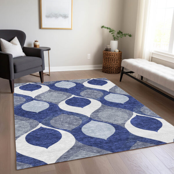 8' X 10' Navy Blue And Denim Blue Ogee Washable Indoor Outdoor Area Rug