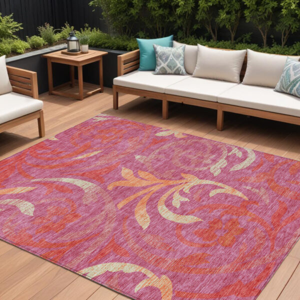 8' X 10' Blush Orange And Ivory Floral Washable Indoor Outdoor Area Rug