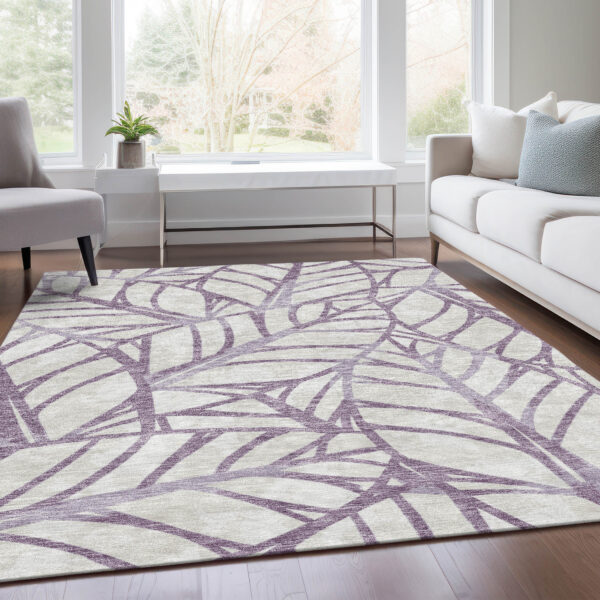 3' X 5' Purple Lavender And Beige Floral Washable Indoor Outdoor Area Rug