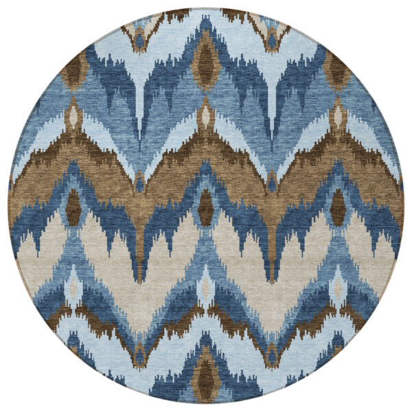 8' Denim Blue And Sky Blue Round Ikat Washable Indoor Outdoor Area Rug