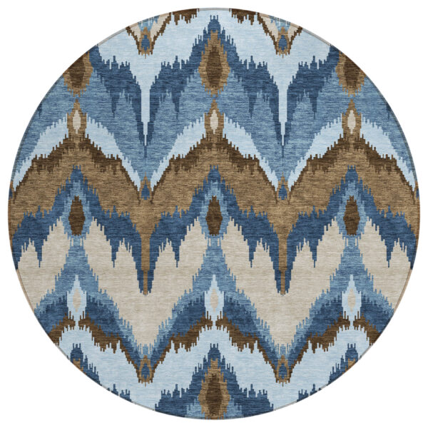 8' Denim Blue And Sky Blue Round Ikat Washable Indoor Outdoor Area Rug