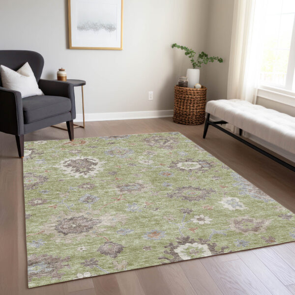 5' X 8' Artichoke Green And Beige Floral Washable Indoor Outdoor Area Rug