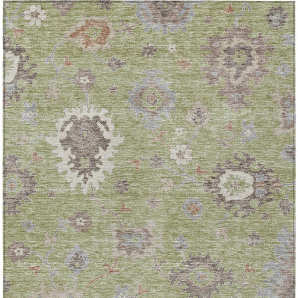 5' X 8' Artichoke Green And Beige Floral Washable Indoor Outdoor Area Rug