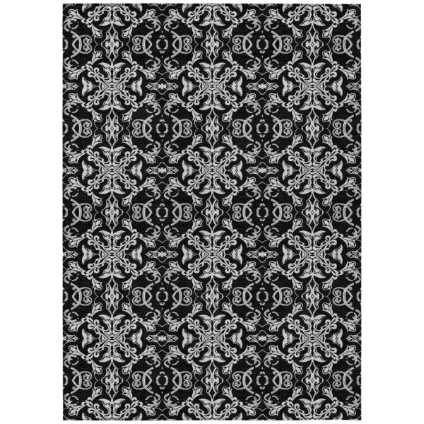 5' X 8' Ivory And Black Medallion Washable Indoor Outdoor Area Rug