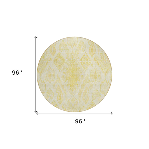 8' Gold Ivory And Beige Round Moroccan Washable Indoor Outdoor Area Rug