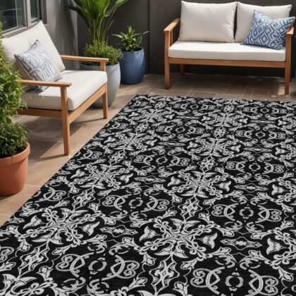 5' X 8' Ivory And Black Medallion Washable Indoor Outdoor Area Rug