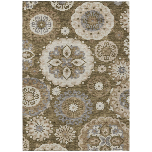 5' X 8' Brown Ivory And Beige Floral Medallion Washable Indoor Outdoor Area Rug