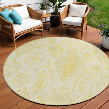 8' Gold Ivory And Beige Round Moroccan Washable Indoor Outdoor Area Rug