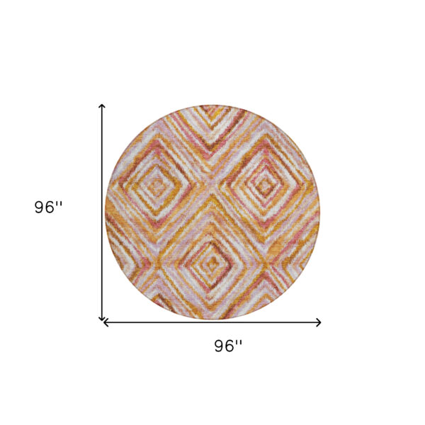 8' Orange Copper And Gold Round Geometric Washable Indoor Outdoor Area Rug