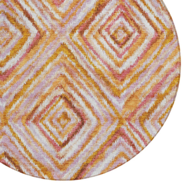 8' Orange Copper And Gold Round Geometric Washable Indoor Outdoor Area Rug
