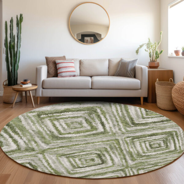 8' Artichoke Green Green And Sage Round Geometric Washable Indoor Outdoor Area Rug
