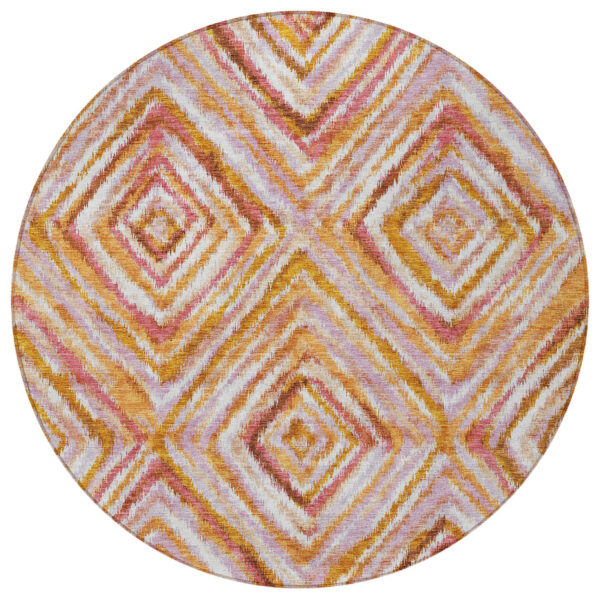 8' Orange Copper And Gold Round Geometric Washable Indoor Outdoor Area Rug
